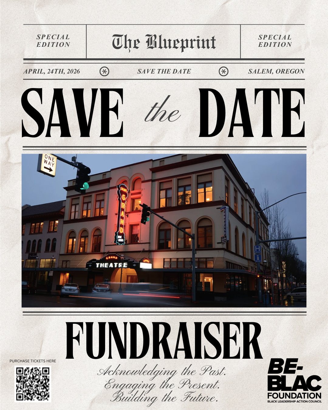 flyer for BE-BLAC Foundation's fundraiser on April 24, 2026 styled like the front page of a newspaper called The Blueprint flyer for BE-BLAC Foundation's fundraiser on April 24, 2026 styled like the front page of a newspaper called The Blueprint
